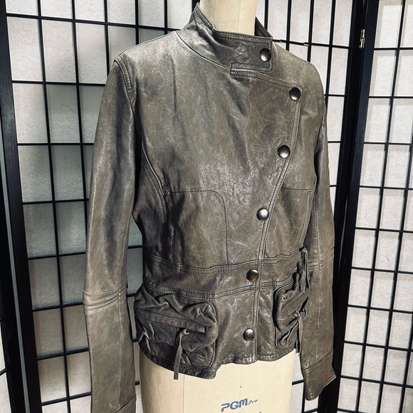 Haute Hippie Rounded Collar Zipper & Button Front Leather Jacket Asymmetric Flap - Picture 3 of 10